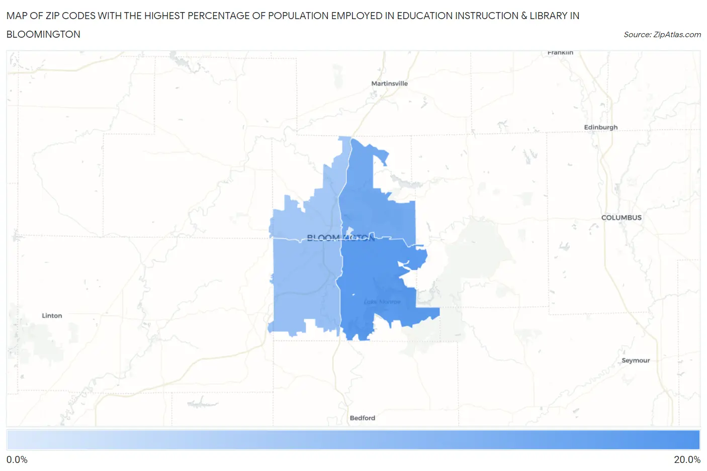 Zip Codes with the Highest Percentage of Population Employed in Education Instruction & Library in Bloomington Map