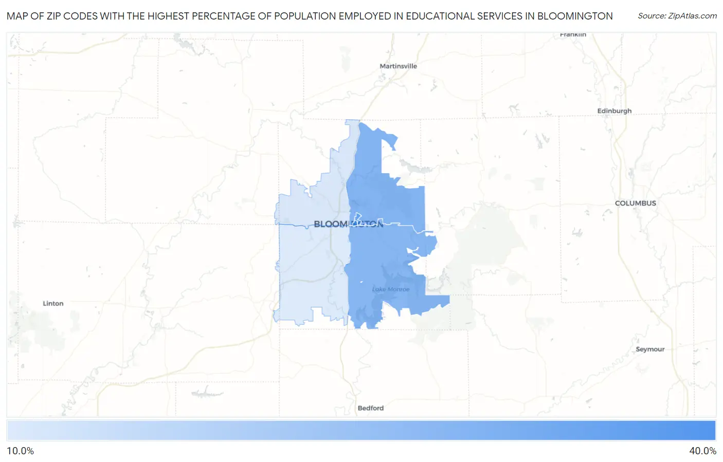 Zip Codes with the Highest Percentage of Population Employed in Educational Services in Bloomington Map