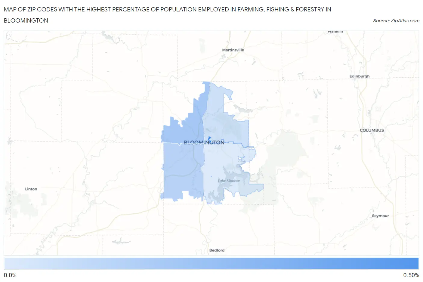 Zip Codes with the Highest Percentage of Population Employed in Farming, Fishing & Forestry in Bloomington Map