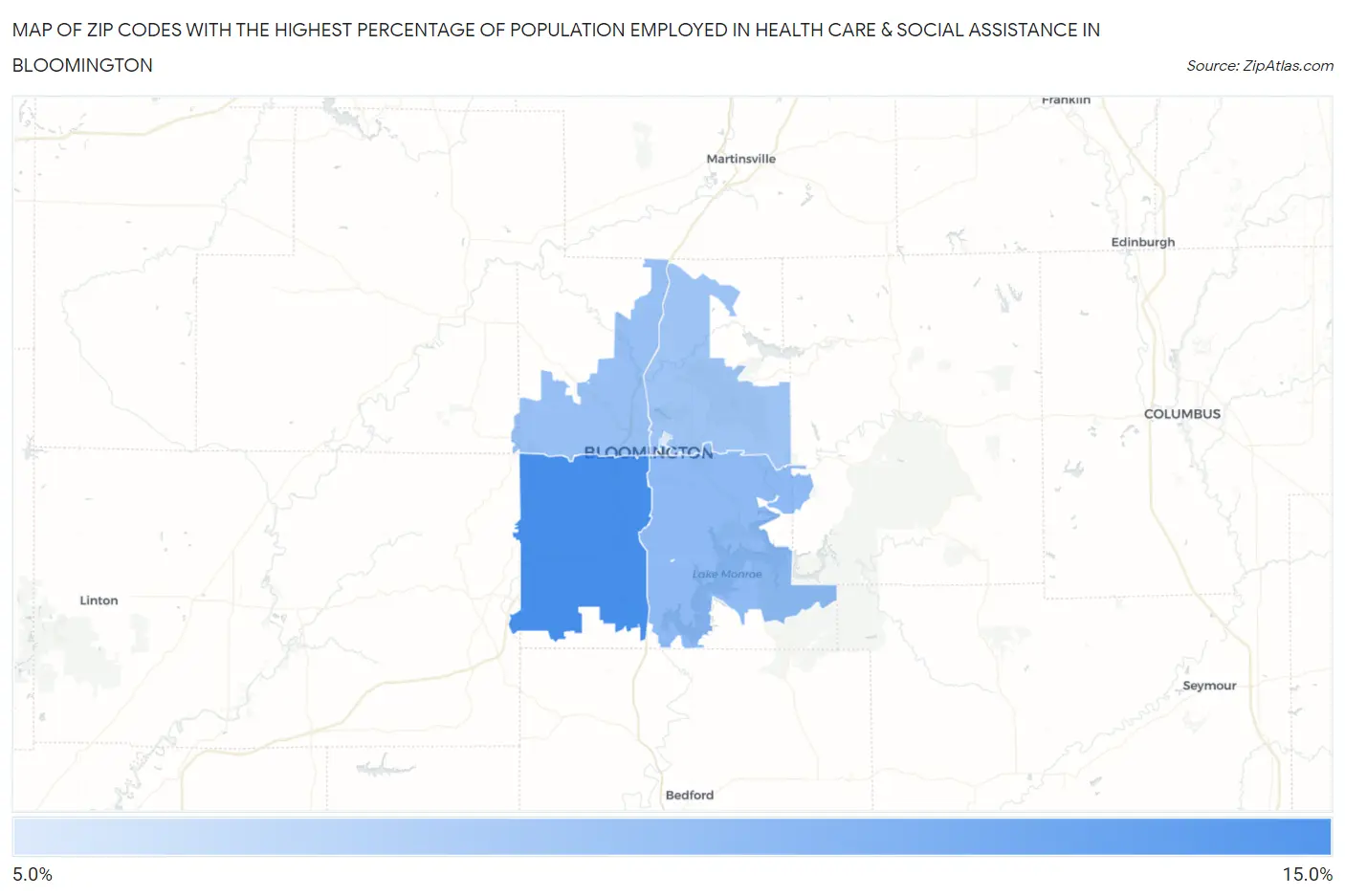 Zip Codes with the Highest Percentage of Population Employed in Health Care & Social Assistance in Bloomington Map