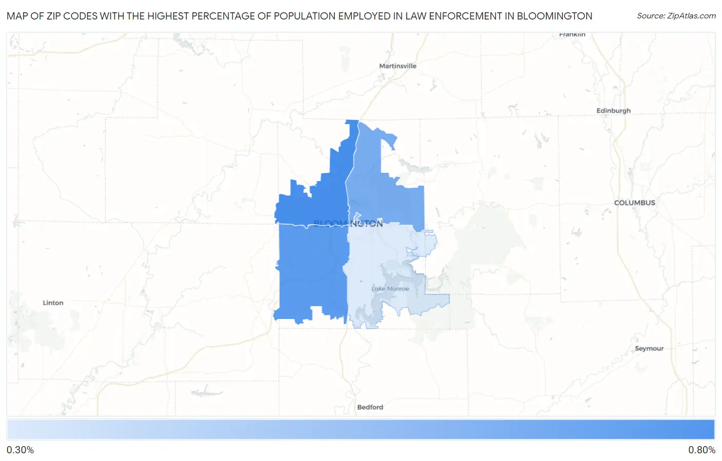 Zip Codes with the Highest Percentage of Population Employed in Law Enforcement in Bloomington Map