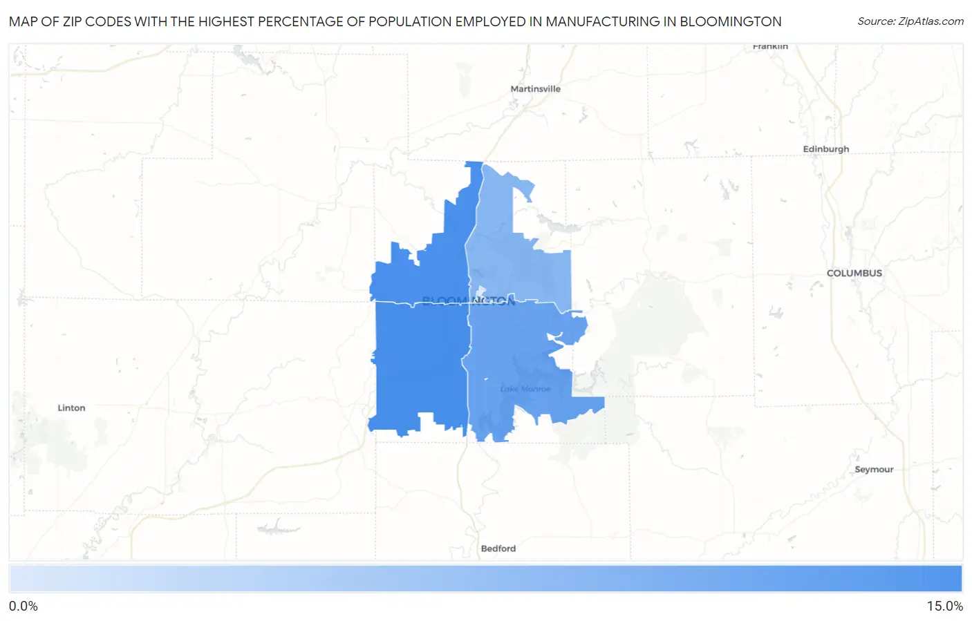 Zip Codes with the Highest Percentage of Population Employed in Manufacturing in Bloomington Map