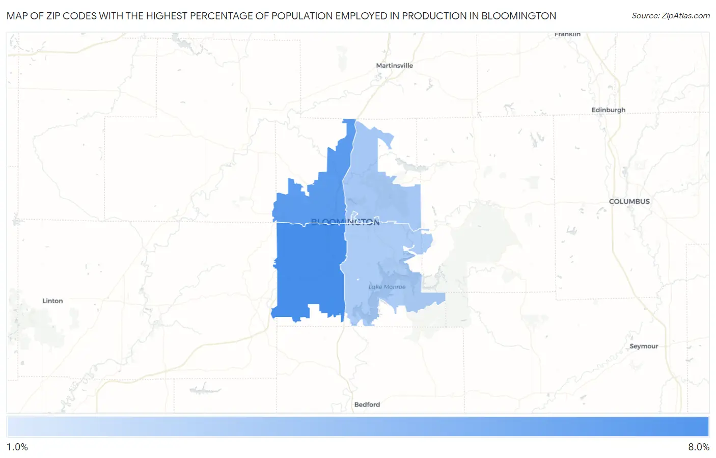 Zip Codes with the Highest Percentage of Population Employed in Production in Bloomington Map