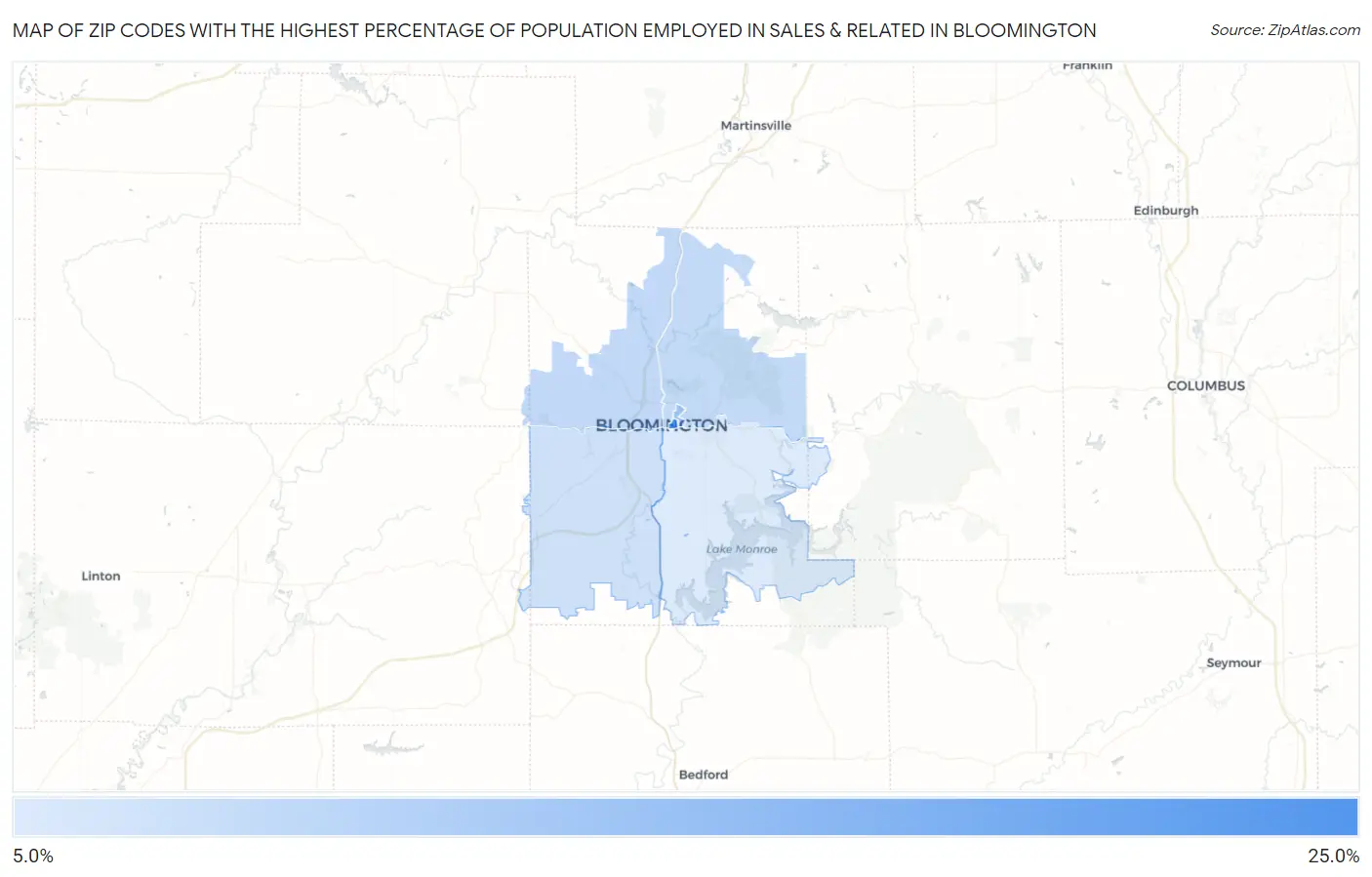 Zip Codes with the Highest Percentage of Population Employed in Sales & Related in Bloomington Map