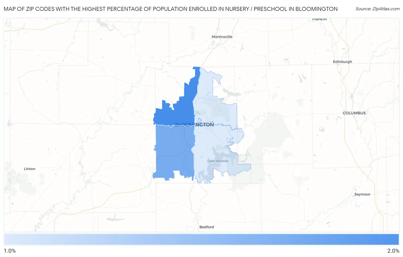 Zip Codes with the Highest Percentage of Population Enrolled in Nursery / Preschool in Bloomington Map