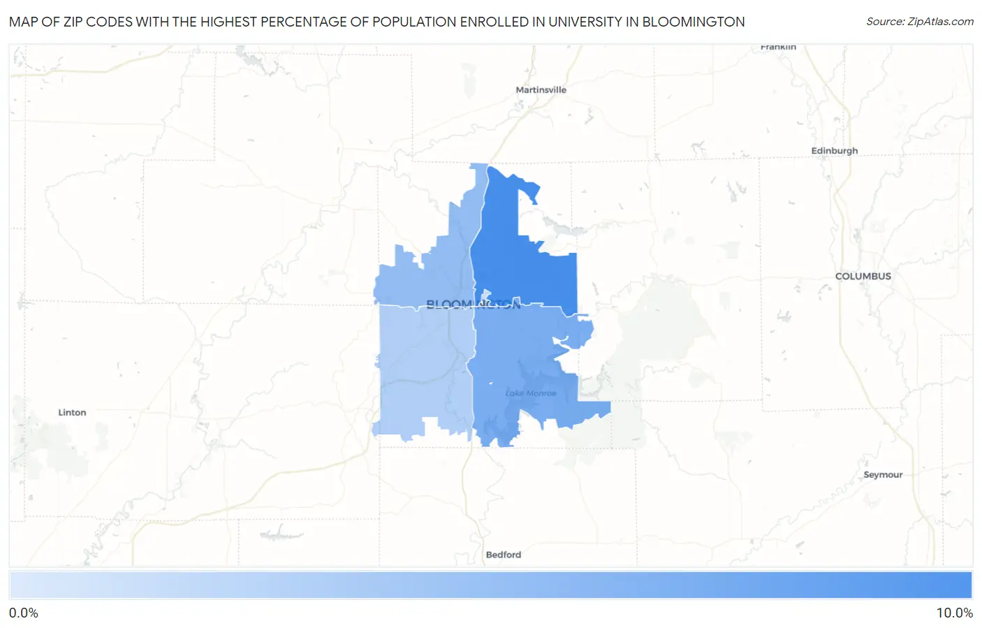 Zip Codes with the Highest Percentage of Population Enrolled in University in Bloomington Map