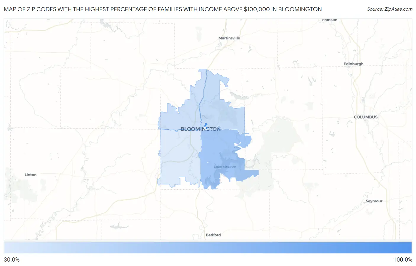 Zip Codes with the Highest Percentage of Families with Income Above $100,000 in Bloomington Map
