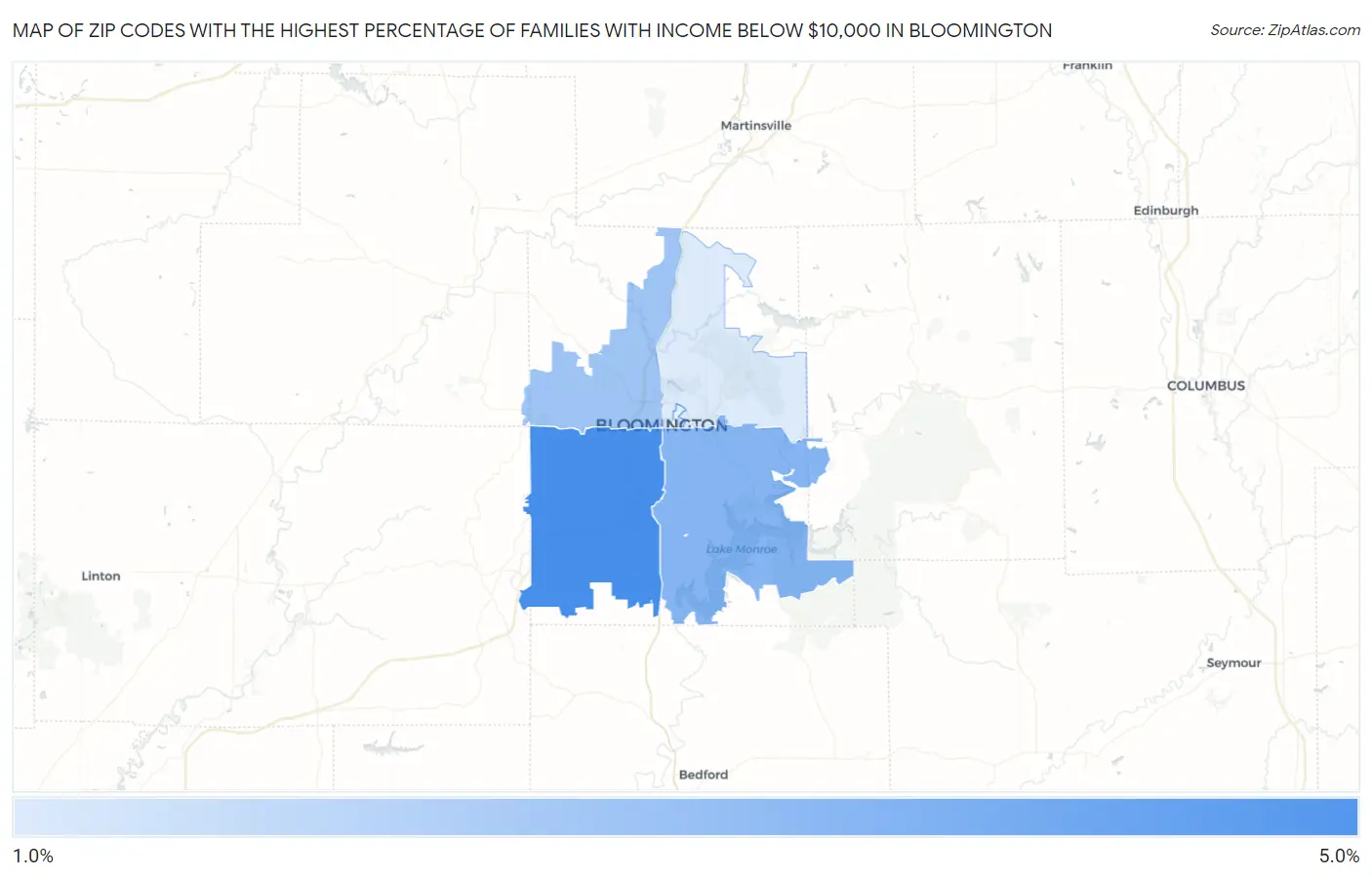 Zip Codes with the Highest Percentage of Families with Income Below $10,000 in Bloomington Map
