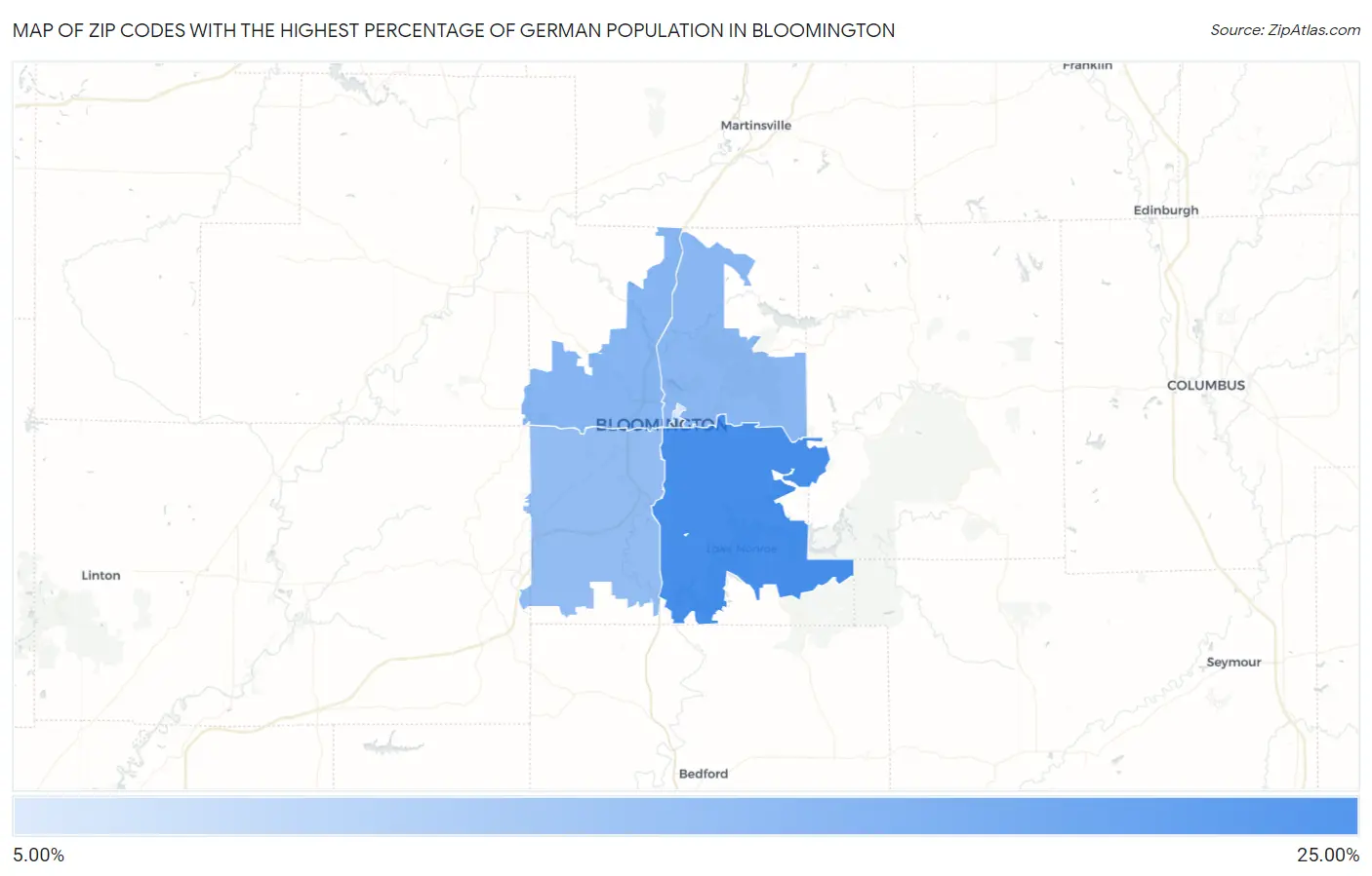 Zip Codes with the Highest Percentage of German Population in Bloomington Map