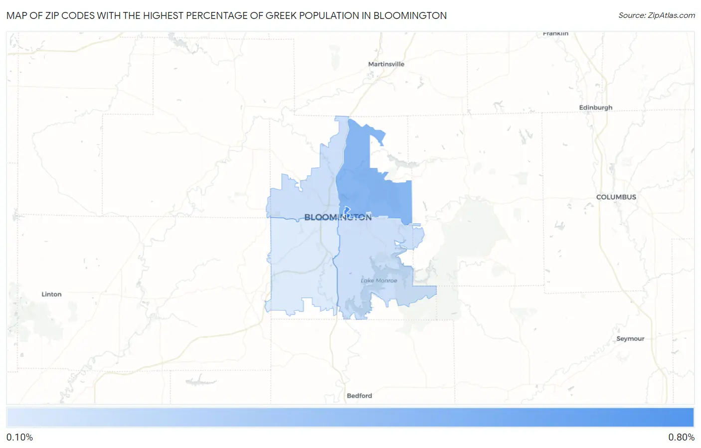 Zip Codes with the Highest Percentage of Greek Population in Bloomington Map