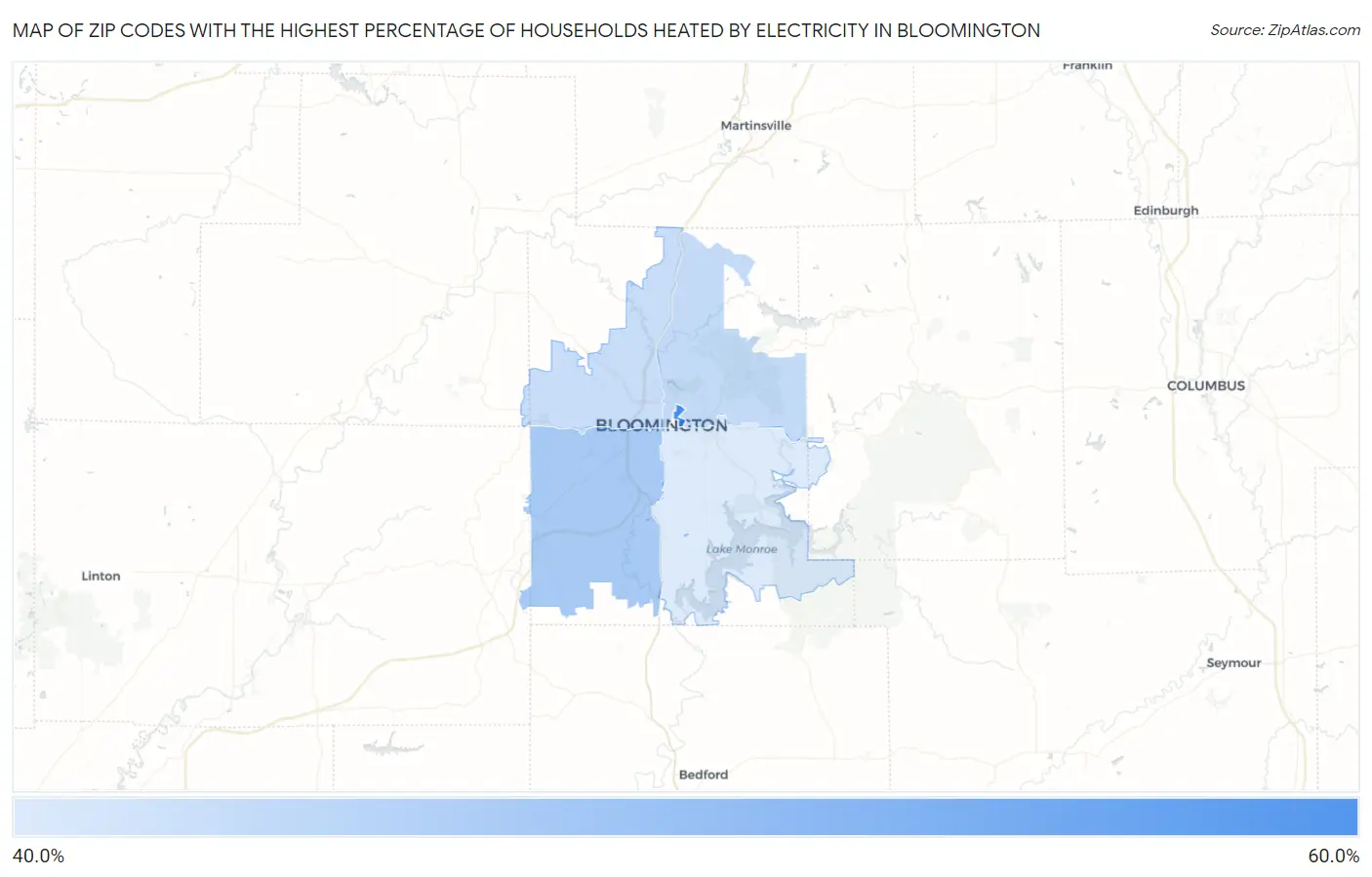 Zip Codes with the Highest Percentage of Households Heated by Electricity in Bloomington Map