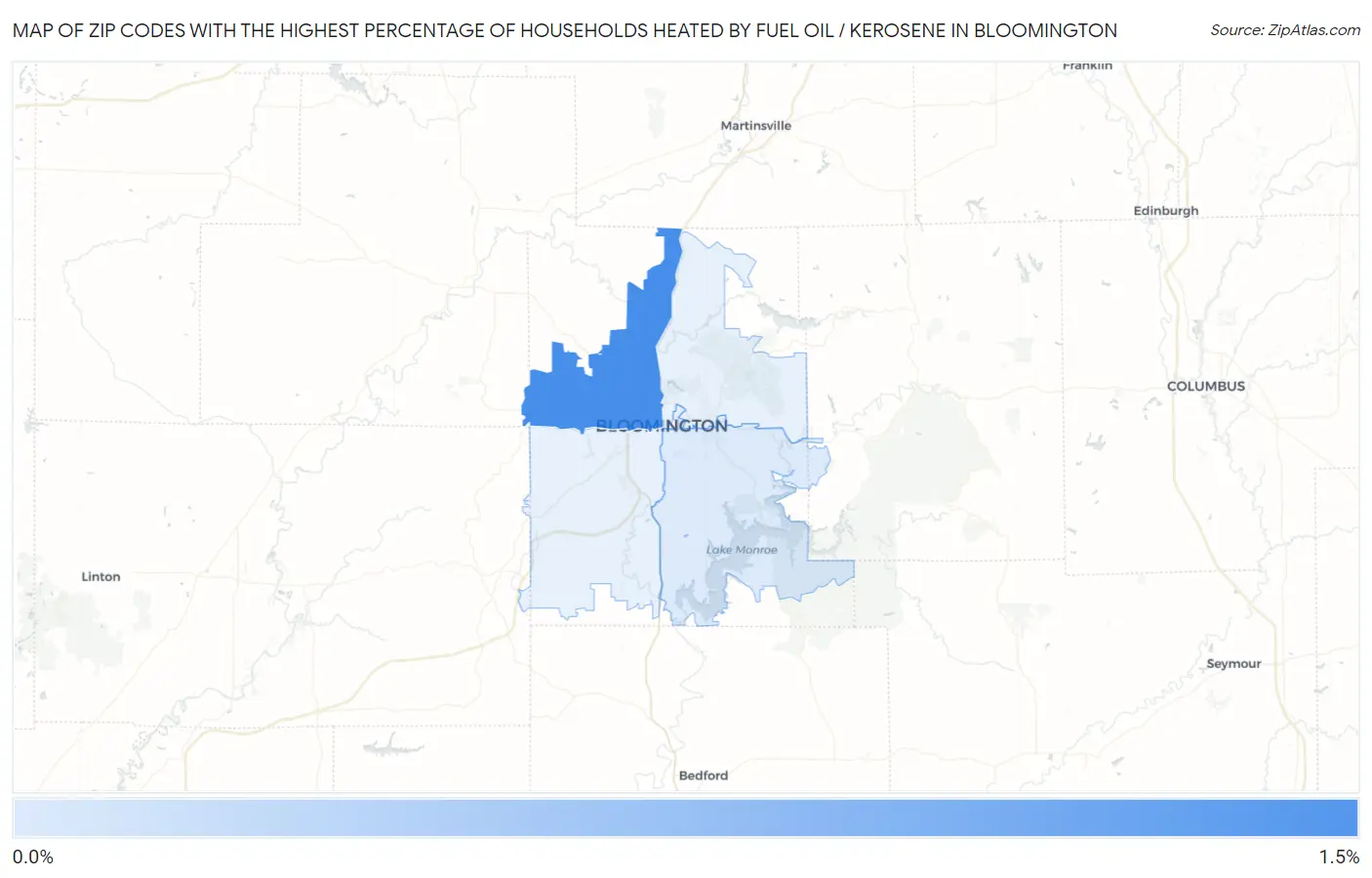 Zip Codes with the Highest Percentage of Households Heated by Fuel Oil / Kerosene in Bloomington Map