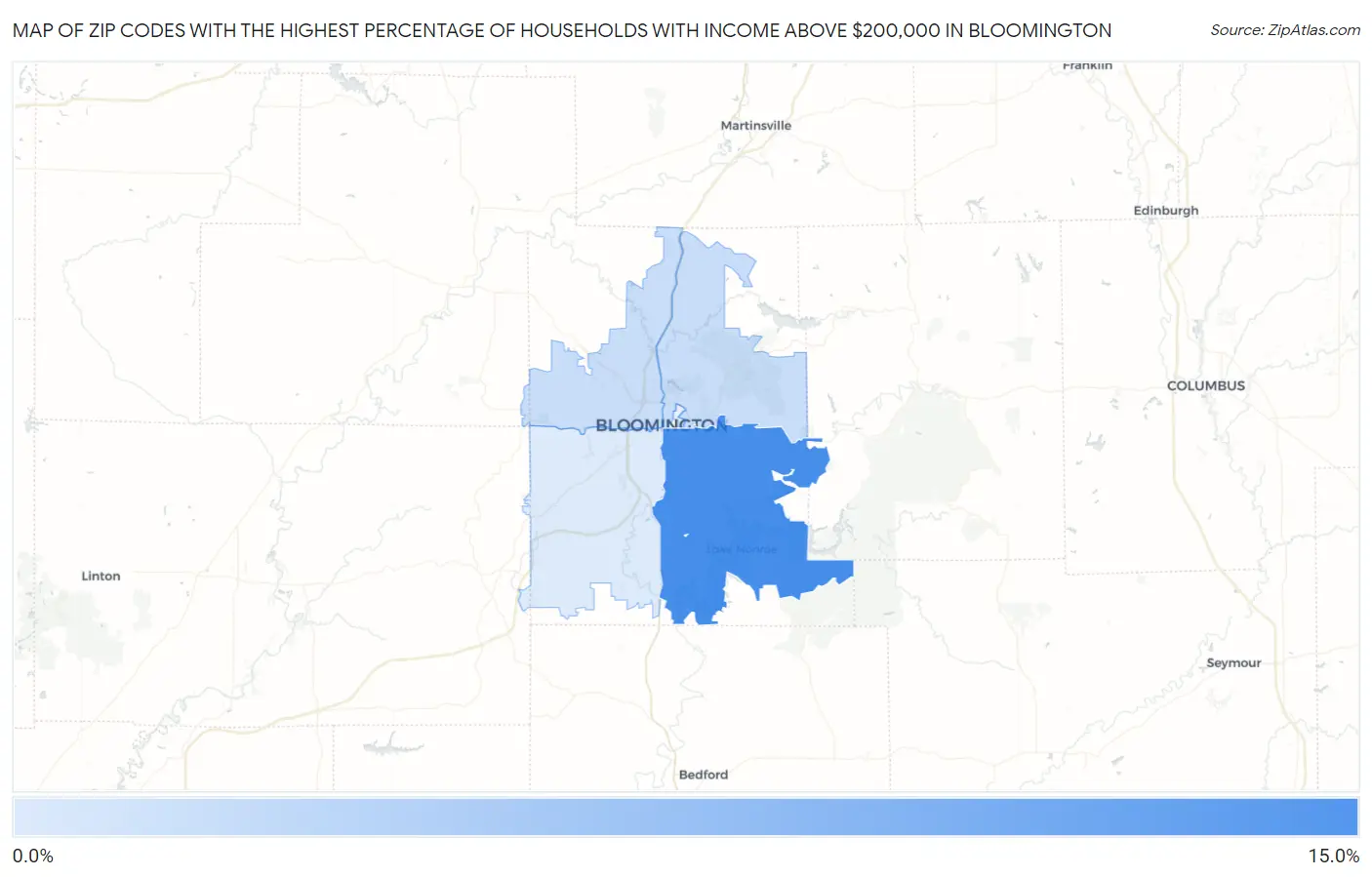Zip Codes with the Highest Percentage of Households with Income Above $200,000 in Bloomington Map