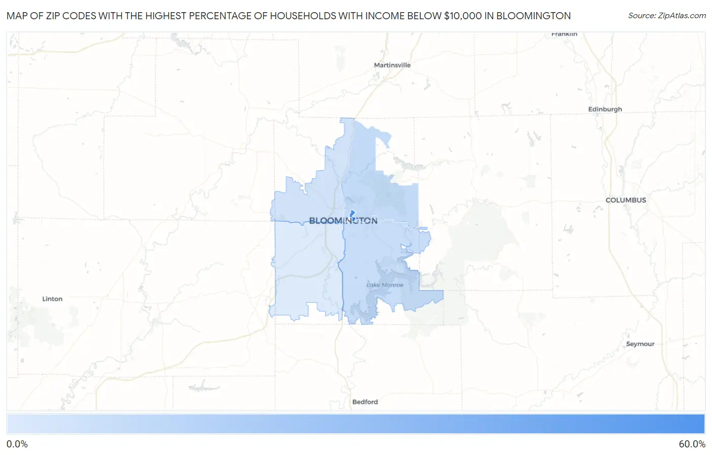 Zip Codes with the Highest Percentage of Households with Income Below $10,000 in Bloomington Map