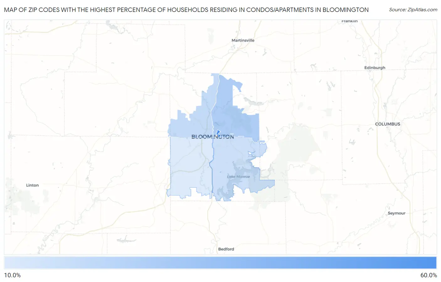 Zip Codes with the Highest Percentage of Households Residing in Condos/Apartments in Bloomington Map