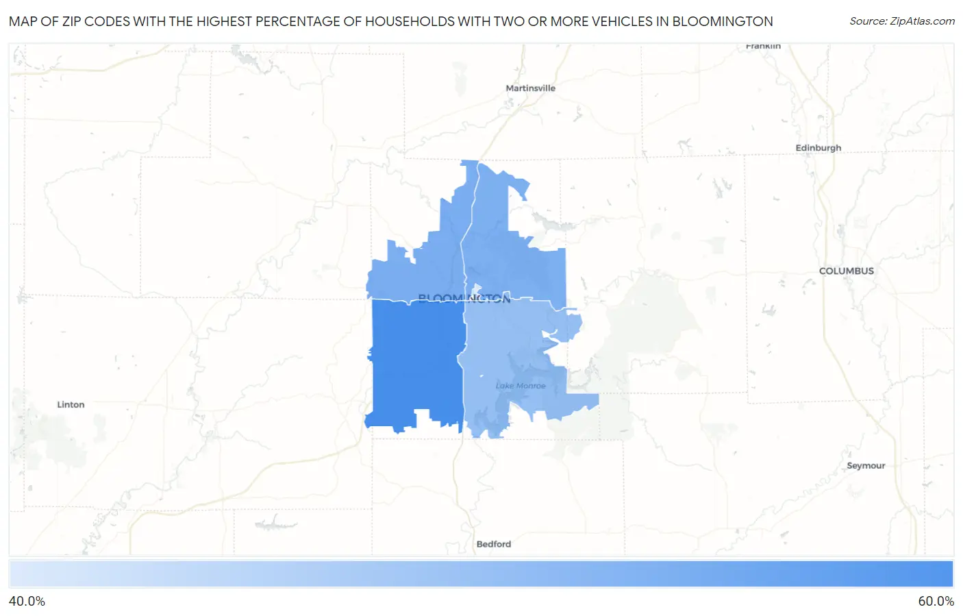 Zip Codes with the Highest Percentage of Households With Two or more Vehicles in Bloomington Map