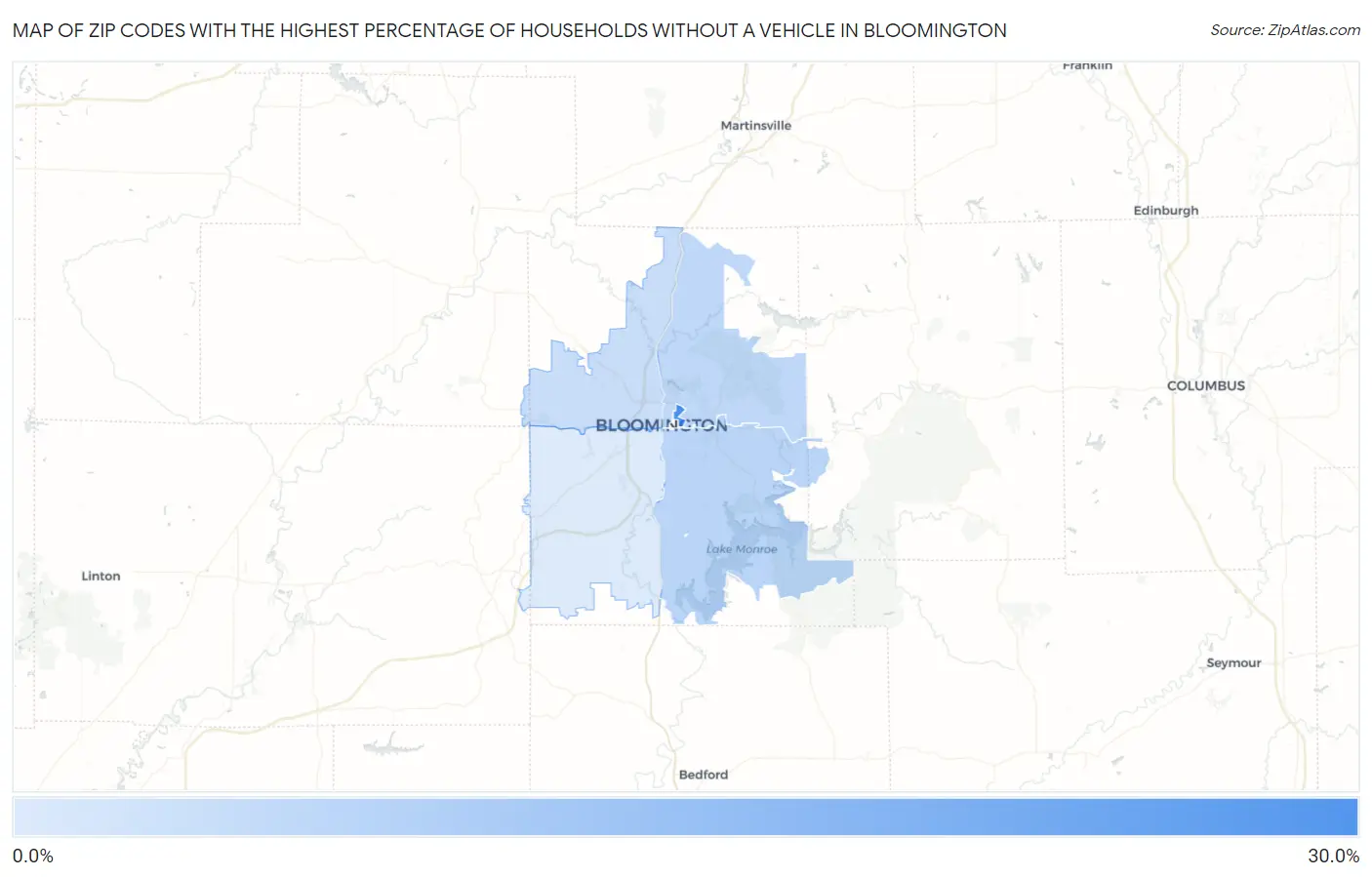 Zip Codes with the Highest Percentage of Households Without a Vehicle in Bloomington Map