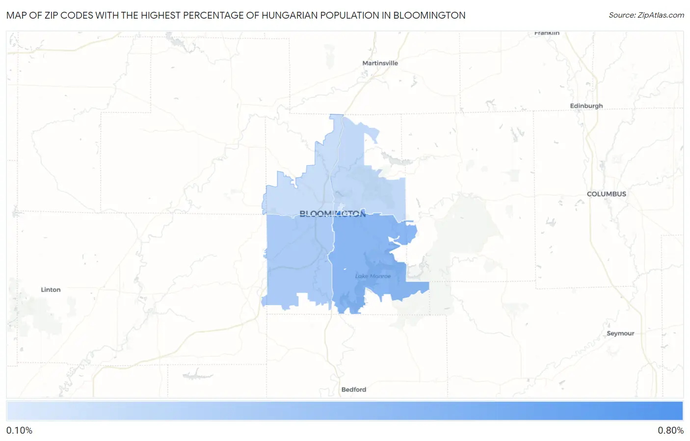 Zip Codes with the Highest Percentage of Hungarian Population in Bloomington Map