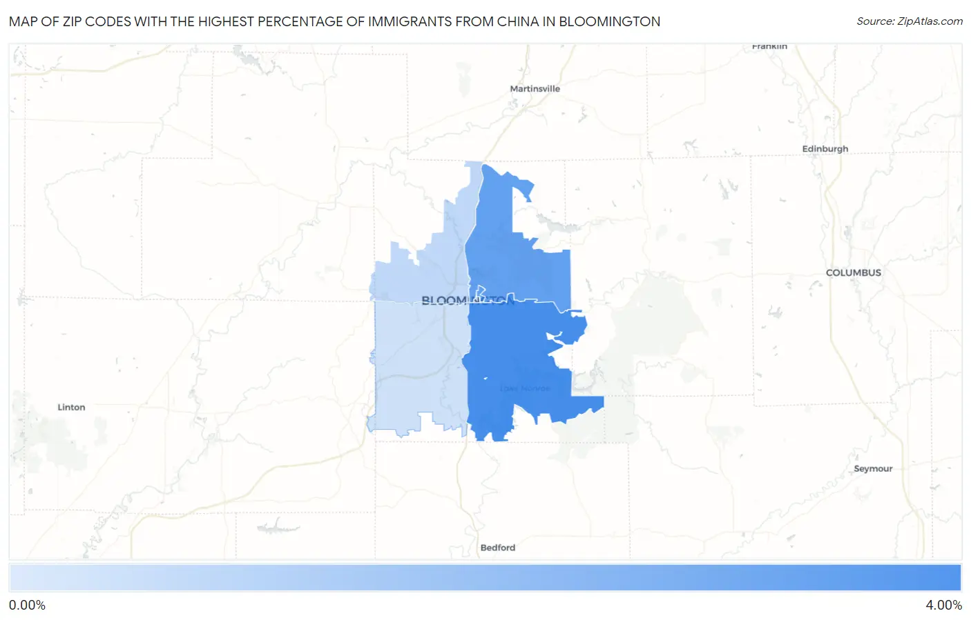 Zip Codes with the Highest Percentage of Immigrants from China in Bloomington Map