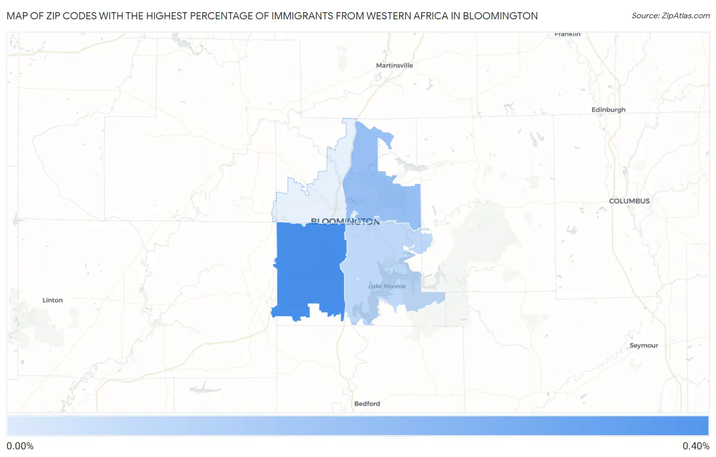 Zip Codes with the Highest Percentage of Immigrants from Western Africa in Bloomington Map