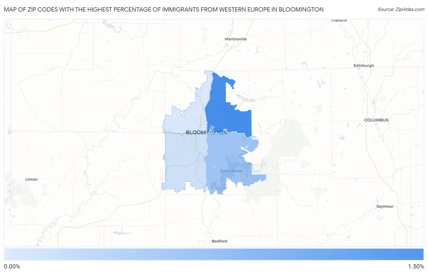 Zip Codes with the Highest Percentage of Immigrants from Western Europe in Bloomington Map