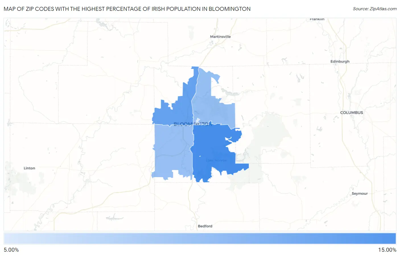 Zip Codes with the Highest Percentage of Irish Population in Bloomington Map