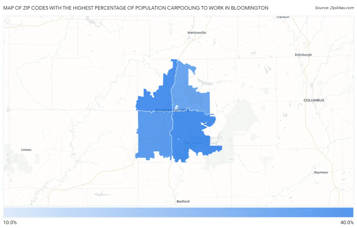 Zip Codes with the Highest Percentage of Population Carpooling to Work in Bloomington Map