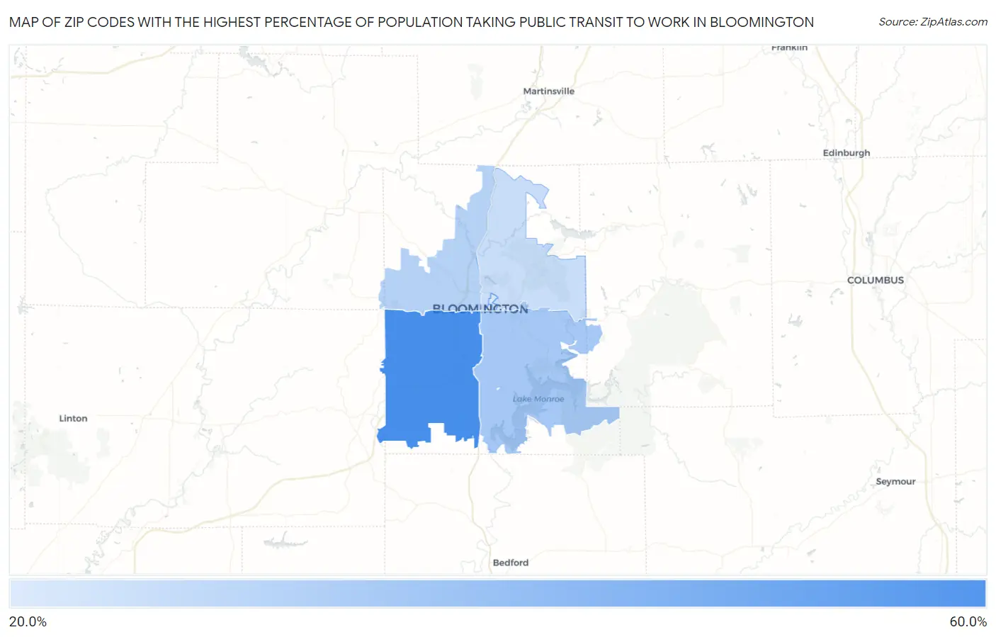 Zip Codes with the Highest Percentage of Population Taking Public Transit to Work in Bloomington Map
