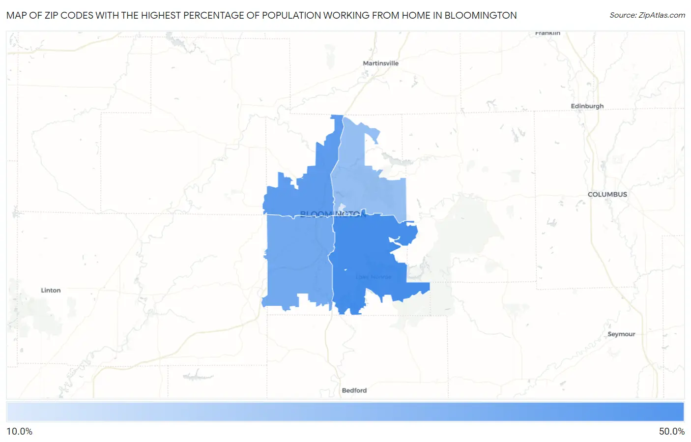 Zip Codes with the Highest Percentage of Population Working from Home in Bloomington Map