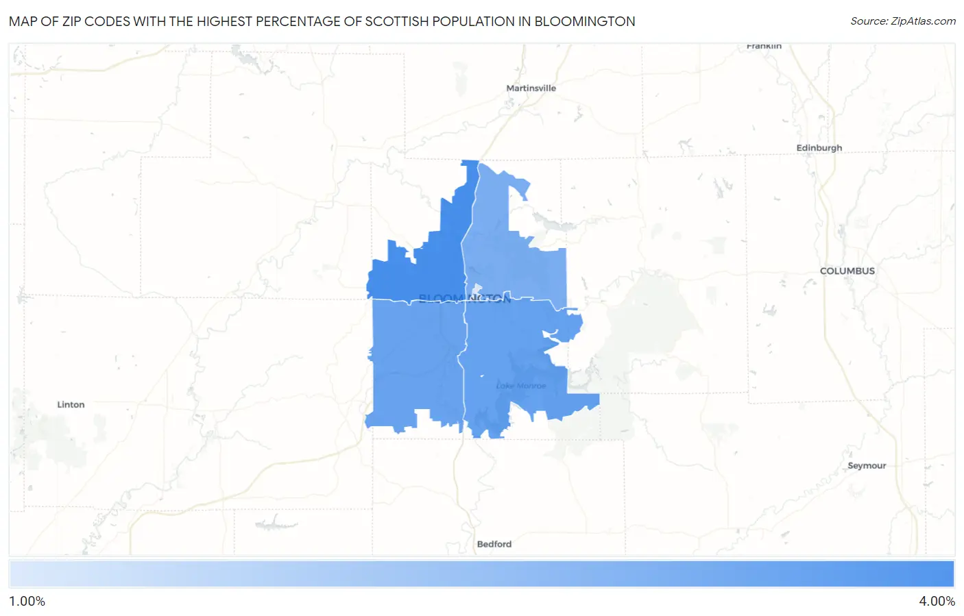 Zip Codes with the Highest Percentage of Scottish Population in Bloomington Map