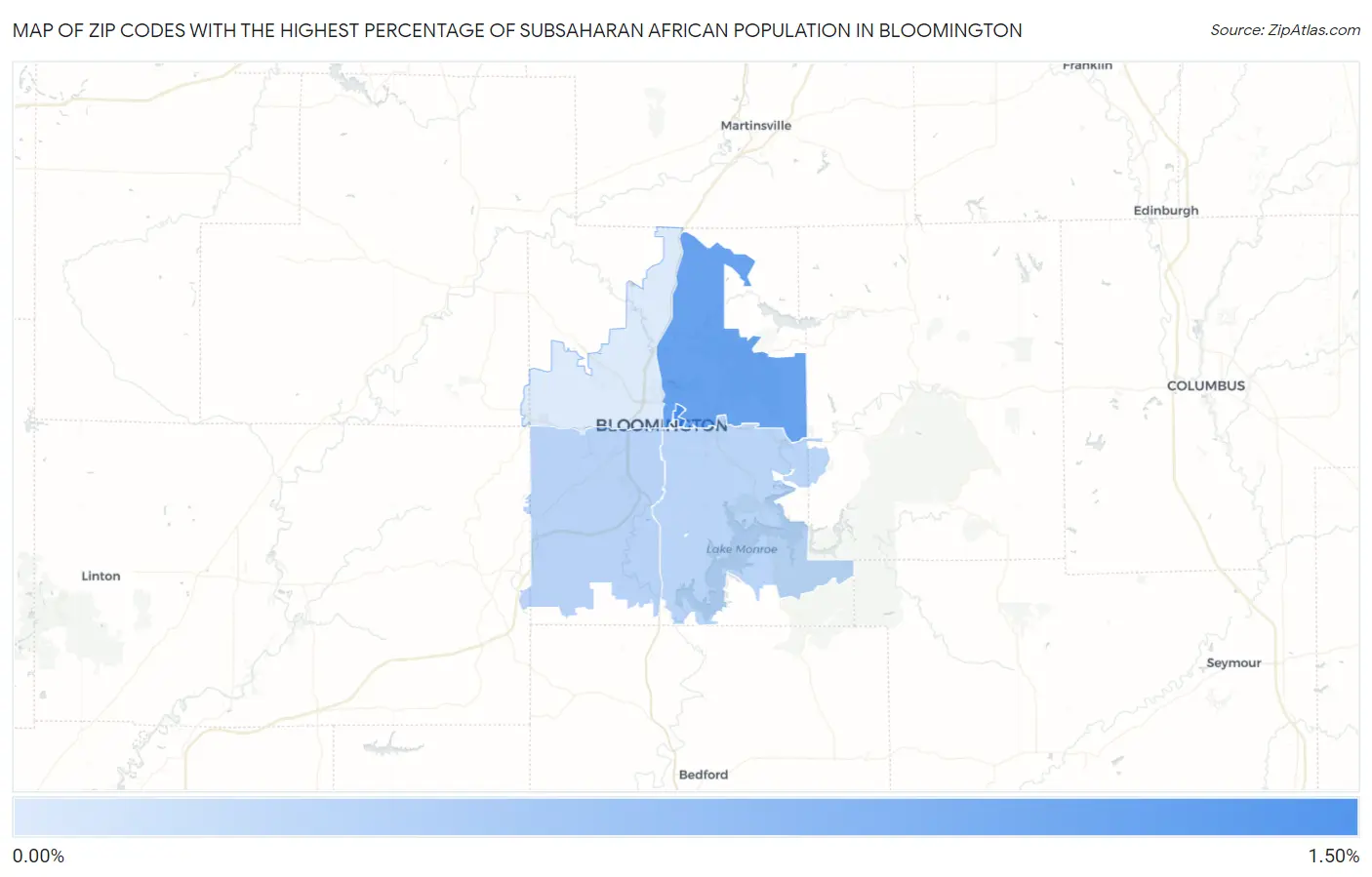 Zip Codes with the Highest Percentage of Subsaharan African Population in Bloomington Map