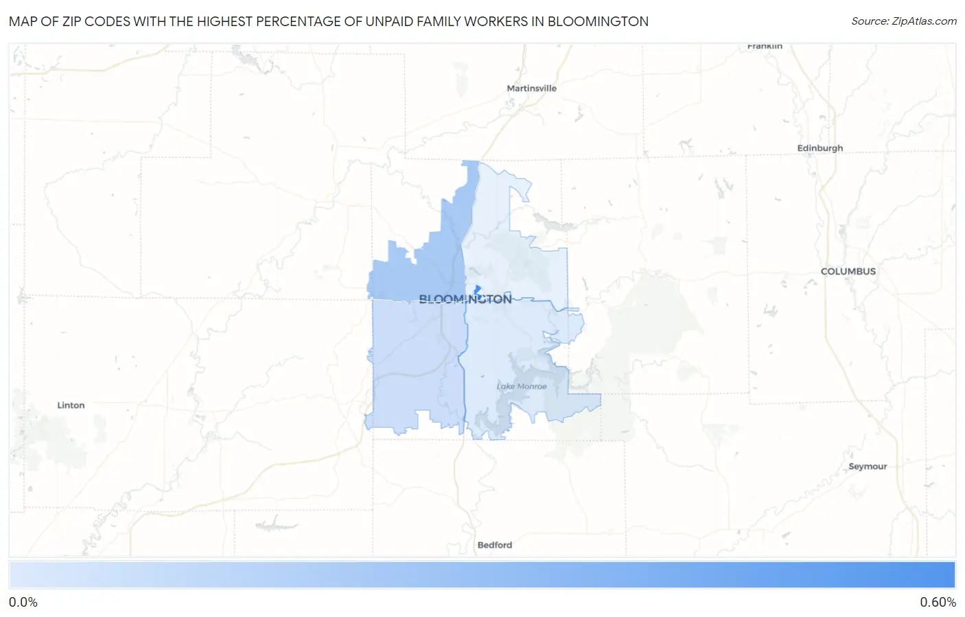 Zip Codes with the Highest Percentage of Unpaid Family Workers in Bloomington Map