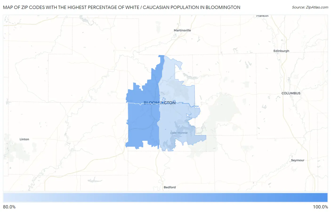 Zip Codes with the Highest Percentage of White / Caucasian Population in Bloomington Map