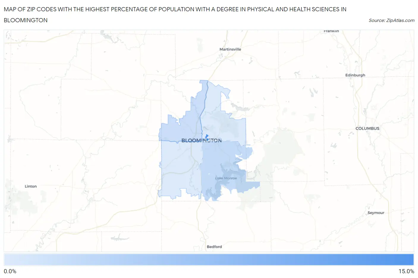 Zip Codes with the Highest Percentage of Population with a Degree in Physical and Health Sciences in Bloomington Map