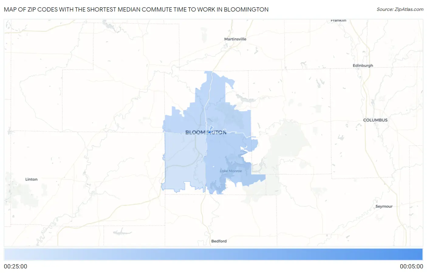 Zip Codes with the Shortest Median Commute Time to Work in Bloomington Map