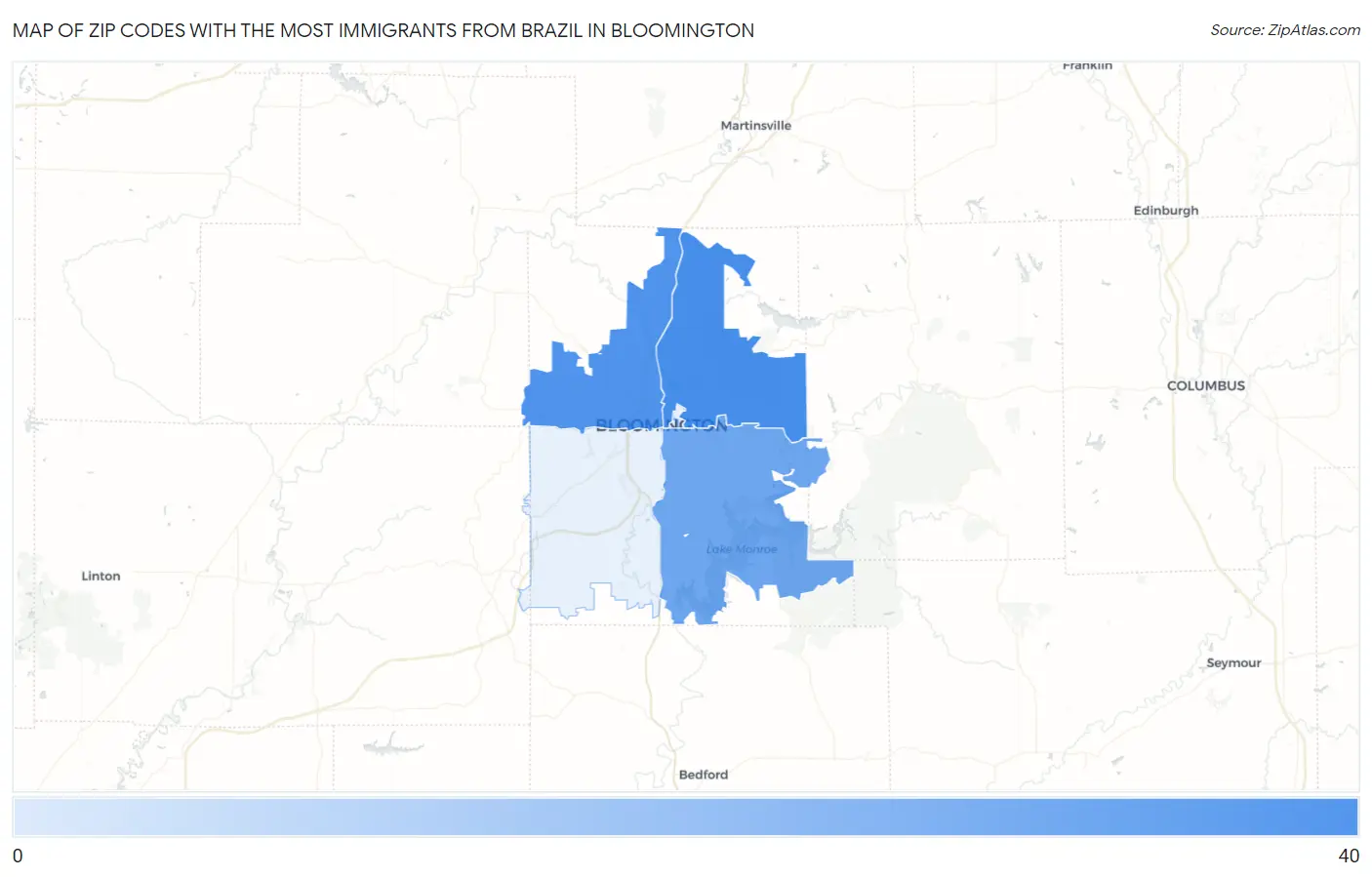 Zip Codes with the Most Immigrants from Brazil in Bloomington Map