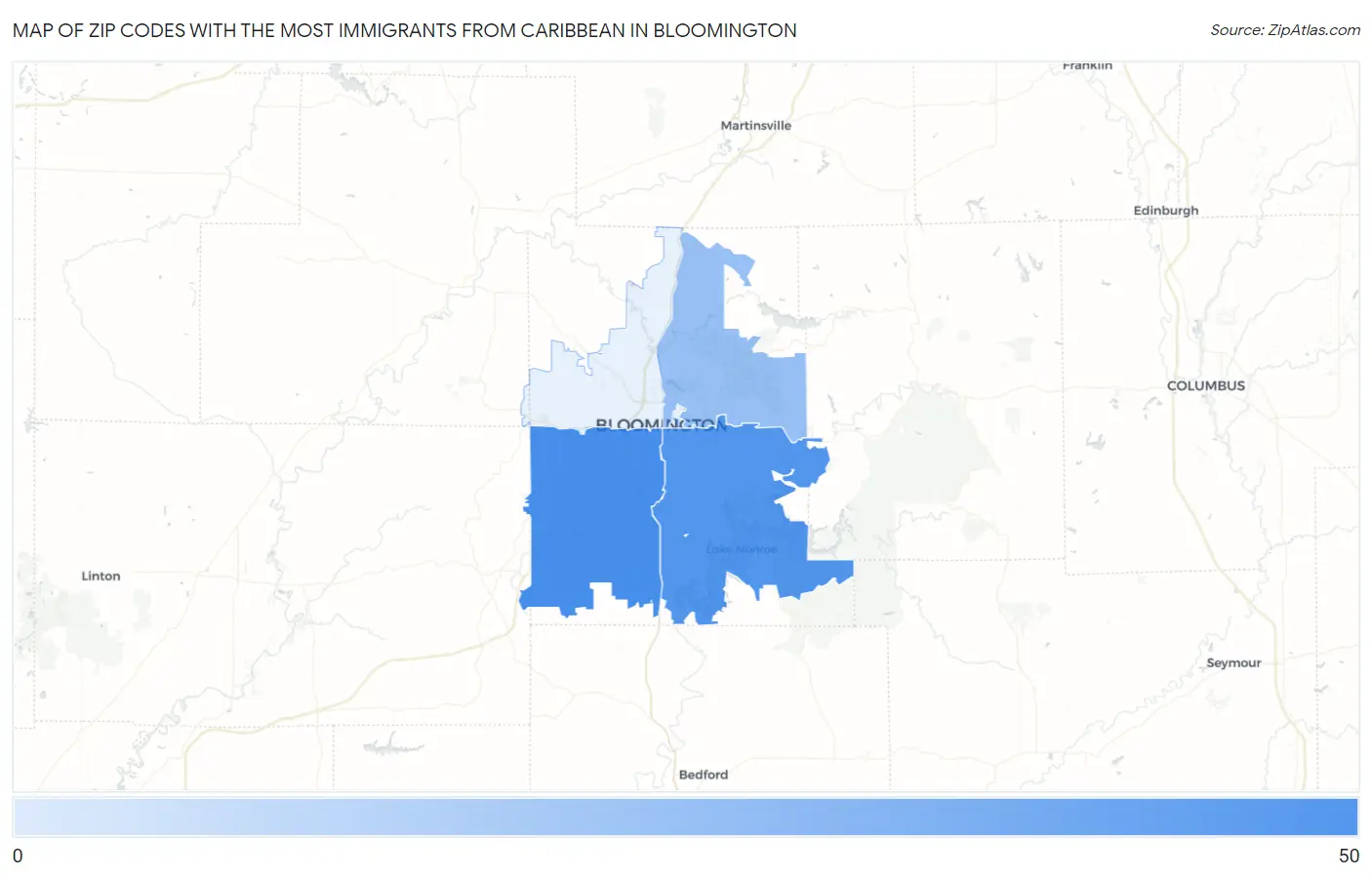 Zip Codes with the Most Immigrants from Caribbean in Bloomington Map