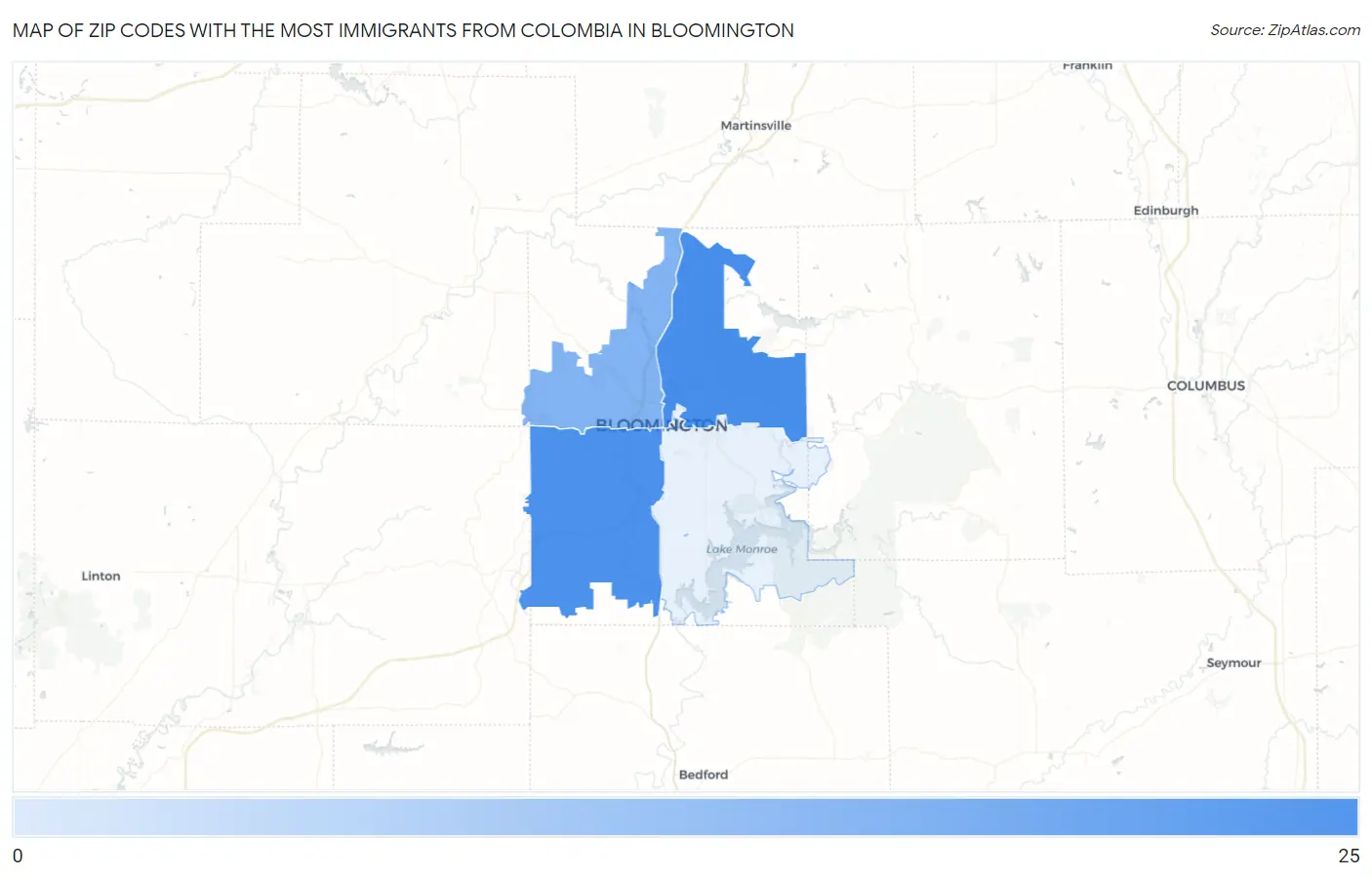 Zip Codes with the Most Immigrants from Colombia in Bloomington Map
