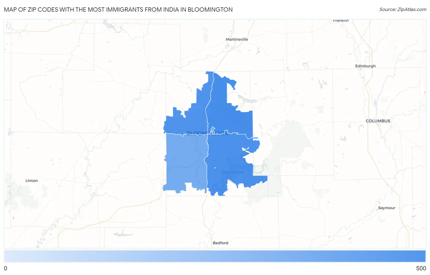 Zip Codes with the Most Immigrants from India in Bloomington Map