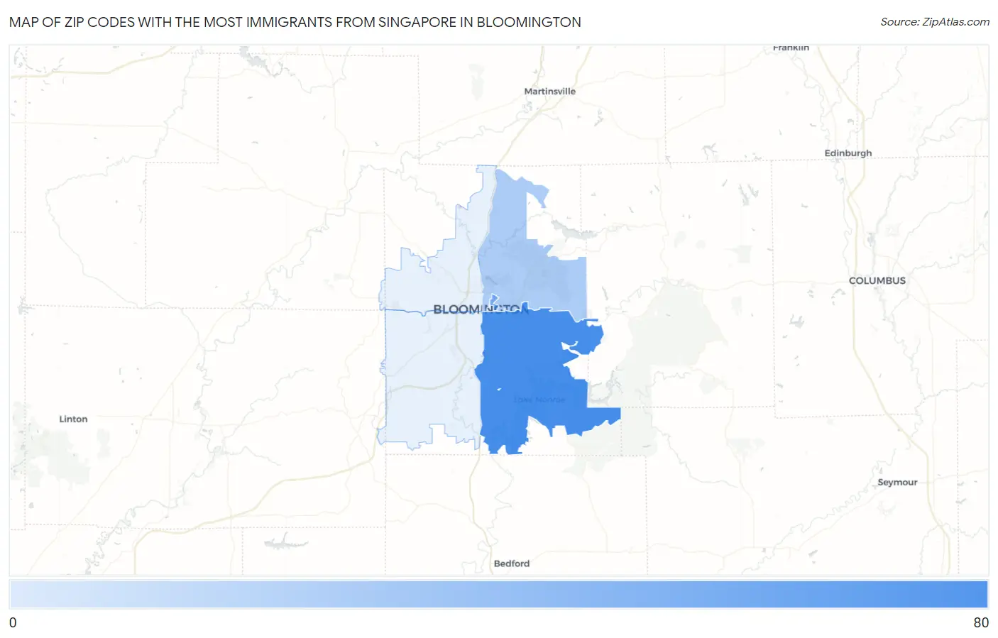 Zip Codes with the Most Immigrants from Singapore in Bloomington Map