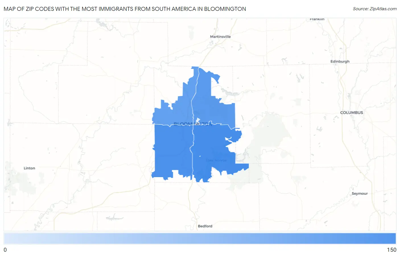 Zip Codes with the Most Immigrants from South America in Bloomington Map