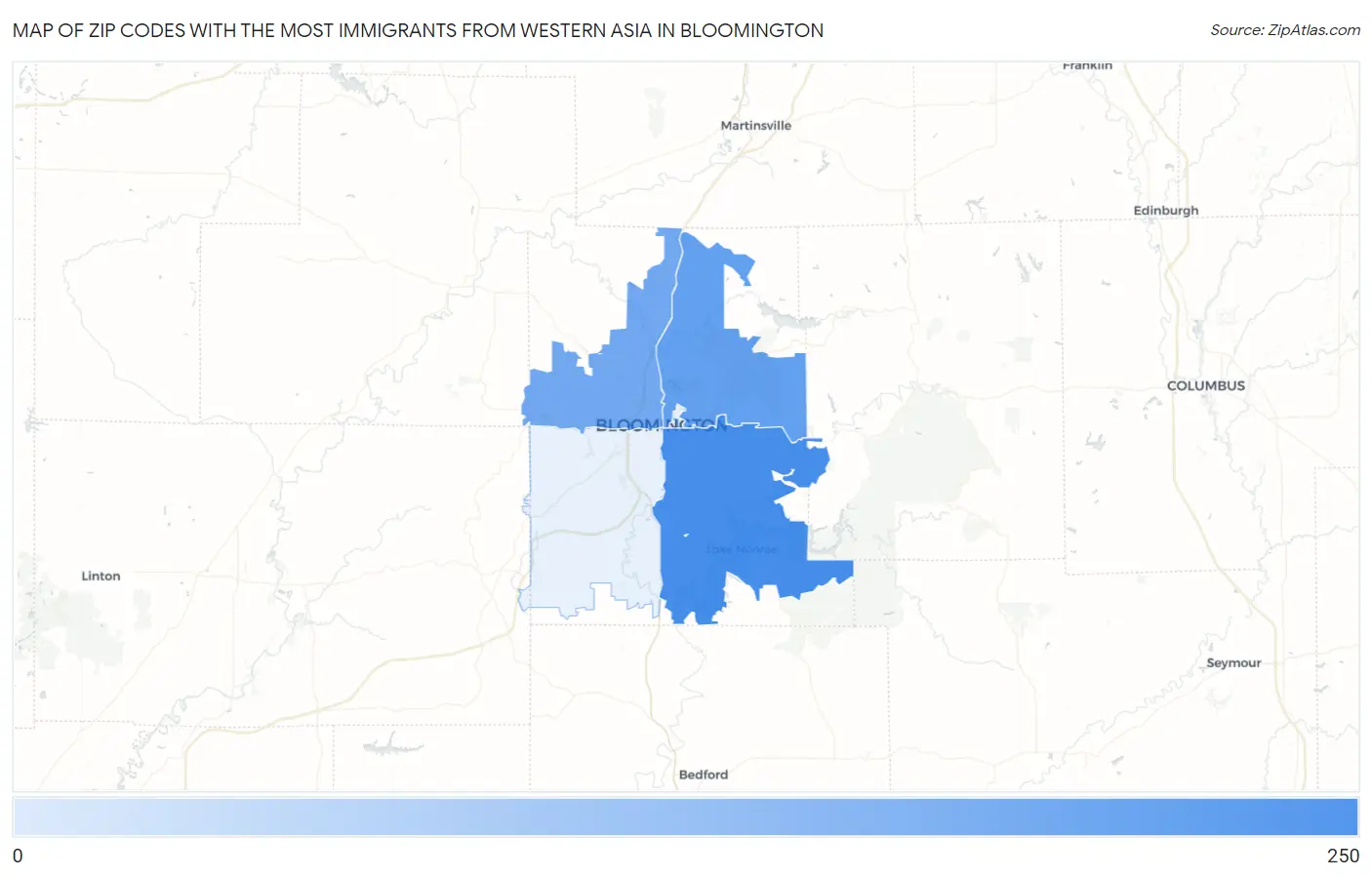 Zip Codes with the Most Immigrants from Western Asia in Bloomington Map