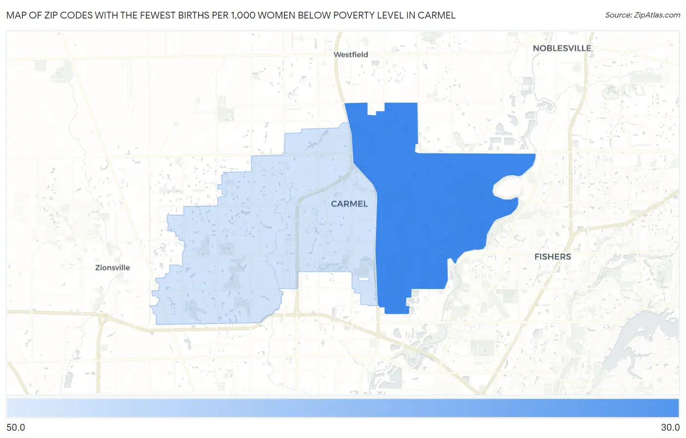 Zip Codes with the Fewest Births per 1,000 Women Below Poverty Level in Carmel Map
