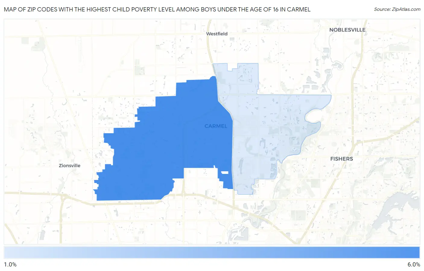 Zip Codes with the Highest Child Poverty Level Among Boys Under the Age of 16 in Carmel Map