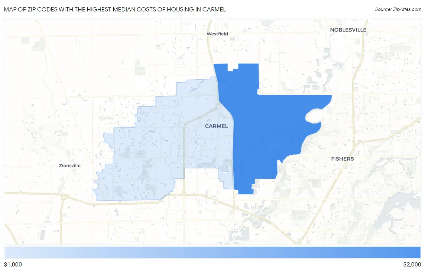 Zip Codes with the Highest Median Costs of Housing in Carmel Map