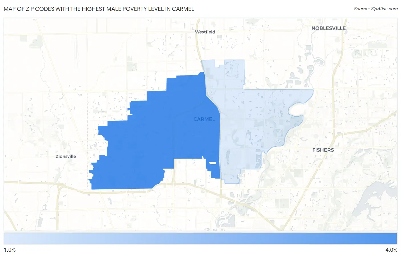 Zip Codes with the Highest Male Poverty Level in Carmel Map