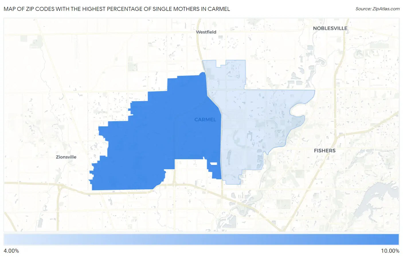 Zip Codes with the Highest Percentage of Single Mothers in Carmel Map