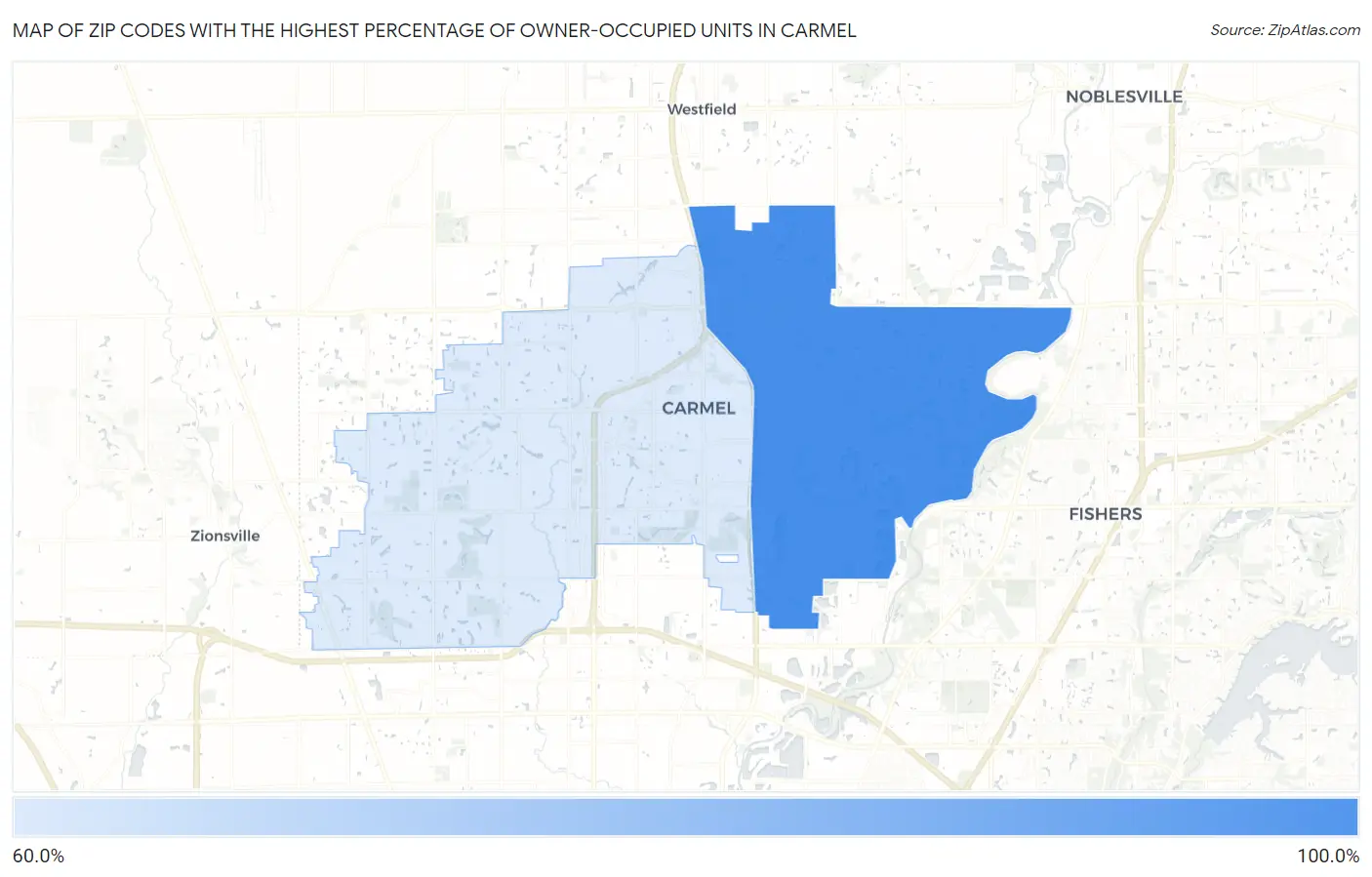 Zip Codes with the Highest Percentage of Owner-Occupied Units in Carmel Map