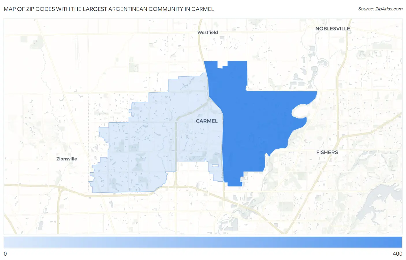 Zip Codes with the Largest Argentinean Community in Carmel Map