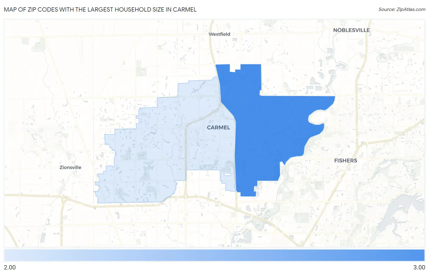 Zip Codes with the Largest Household Size in Carmel Map
